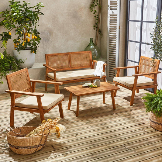 Bohémia Conjunto de jardín madera de acacia y rejilla 4 plazas - homidiscount