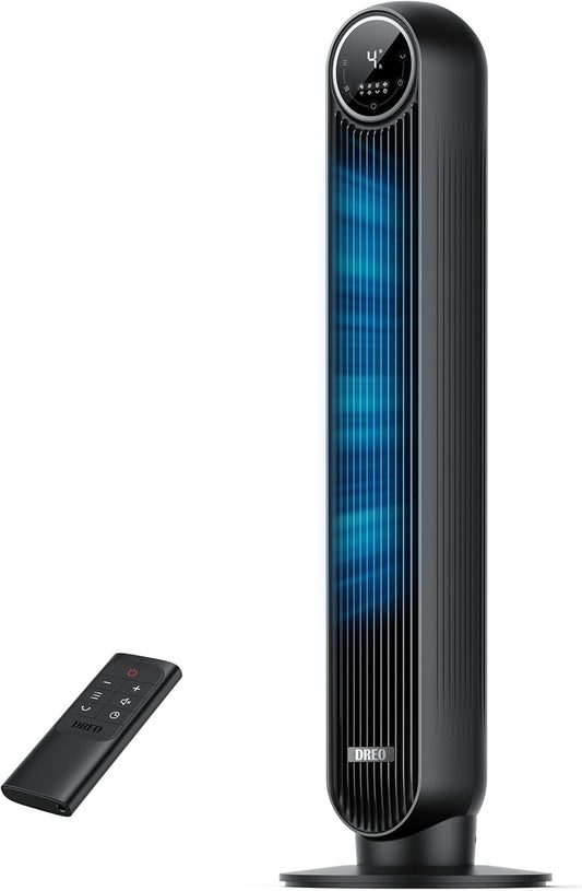 DREO Ventilador de Torre Silencioso 20dB, Velocidad 7,6 m/s - Oscilante a 90°, Ventilador de Torre para Dormitorio, 92 cm de alto, Mando a Distancia Incluido, 4 Velocidades, 4 Modos, Temporizador 8H, Negro - Nomad One - homidiscount