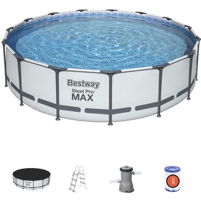 Piscina desmontable tubular BESTWAY Steel Pro Max™ - 457 x 107 cm - Redonda (Con depuradora de filtración, escalera + lona)