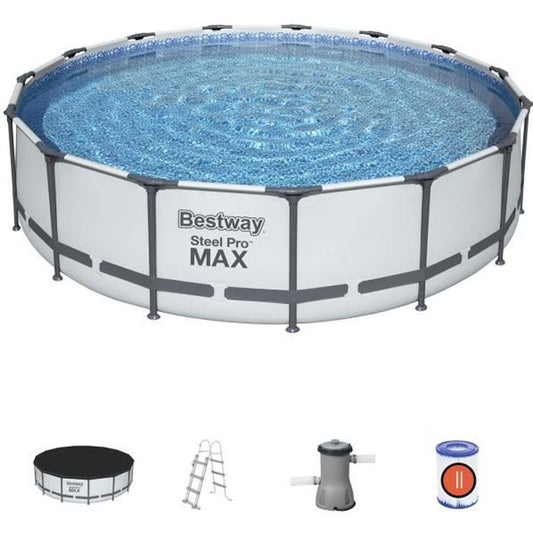 Piscina desmontable tubular BESTWAY Steel Pro Max™ - 457 x 107 cm - Redonda (Con depuradora de filtración, escalera + lona)