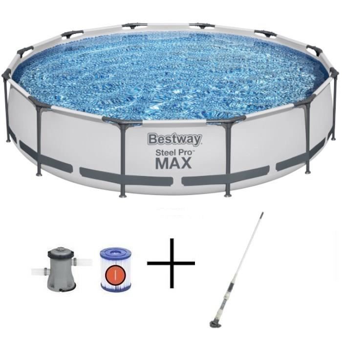 Kit piscina desmontable tubular BESTWAY - Steel Pro Max™ - 366 x 76 cm - Redonda + Limpiafondos eléctrico Aquascan - homidiscount
