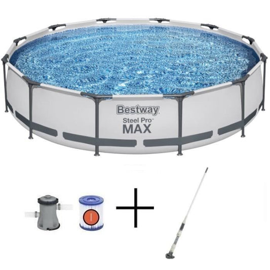 Kit piscina desmontable tubular BESTWAY - Steel Pro Max™ - 366 x 76 cm - Redonda + Limpiafondos eléctrico Aquascan - homidiscount