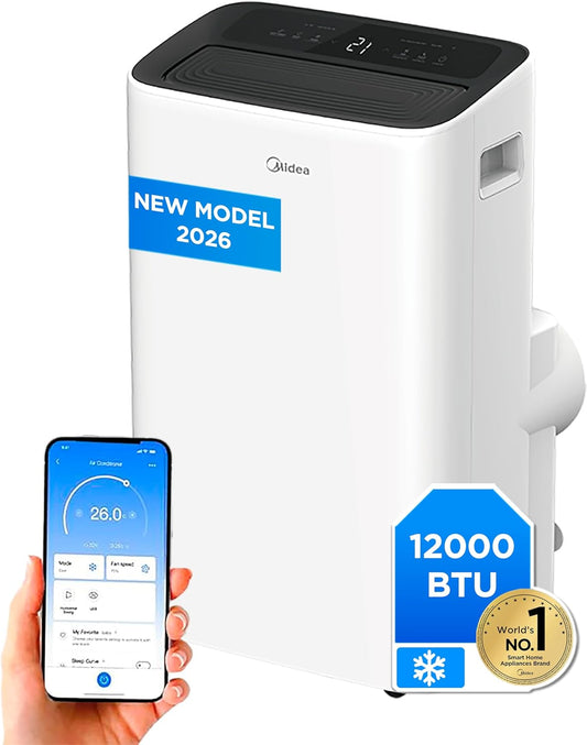 MIDEA Aire Acondicionado Portátil Silencioso 12000 BTU con Tubo de Salida | 4 en 1: Refrigeración, Ventilación, Deshumidificación, Sleep | Aire Acondicionado Portátil con Control por App y Mando a Distancia | Kit de Ventana Incluido [Clase energética A] - homidiscount